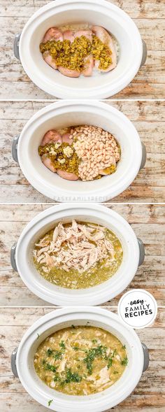 three bowls filled with different types of food on top of a wooden table next to each other