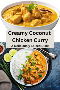 creamy coconut chicken curry in a bowl with rice and limes