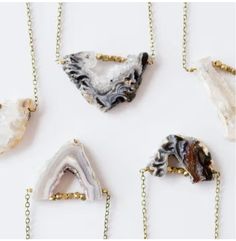 The agate slice necklace is a show stopper. Each piece is 100% one of a kind. They come in natural variations of whites/greys, with a few reddish browns and range in size from 1.25" to 3". Please note, we cannot secure the agate colors we receive so the color selections offered are a guideline. Made w/a 16" antique brass chain. Agate Slice Jewelry, Agate Slice Necklace, Mystical Jewelry, Agate Slice, Agate Jewelry, Black Jewelry, Nature Jewelry, Jewelry Inspo, Brass Chain