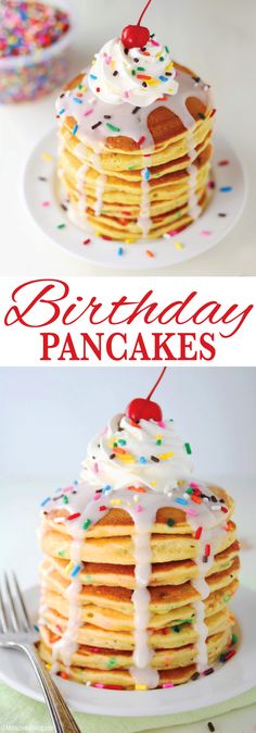 a stack of pancakes topped with frosting and sprinkles