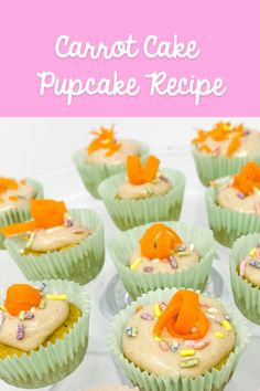 carrot cake cupcakes with frosting and candies in the middle on a plate