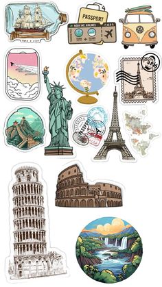 various stickers that include the statue of liberty and other things to see in this image