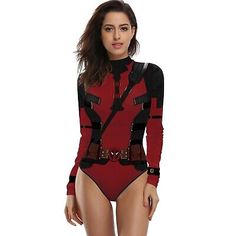 a woman in a red and black bodysuit with suspenders on her hips,