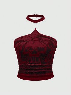 Goth Skull Rose Printed Halterneck Women's Tight-Fitting Top Burgundy Sexy   Fabric Colorblock,Halloween Halter High Stretch,Medium Stretch  Women Clothing, size features are:Bust: ,Length: ,Sleeve Length: Alternative Fitted Red Tops, Red Emo Tops With Graphic Print, Gothic Teens Red Long Sleeve Shirts, Red Gothic Top For Alternative Fashion, Demon Clothes, Red Gothic Tops, Red Skull, Fashion Vocabulary, Skull Fashion