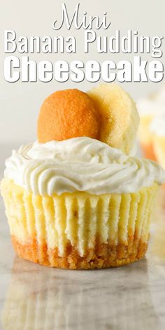 a close up of a cupcake on a table with the words mini banana pudding cheesecake