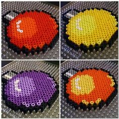 three pictures of different colored objects made out of perler beads