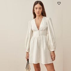 Bought For An Engagement Shoot But Went With Another Dress! Super Pretty With The Button Detailing And Fabric Feels Expensive White Dress Balloon Sleeve, City Hall Simple Dress, Bridal Shower Outfit, Puff Dress, Reformation Dress, White Short Dress, Reformation Dresses, Shortening, Long Puff Sleeves