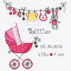 a cross stitch baby's birth card with a pink stroller and teddy bear