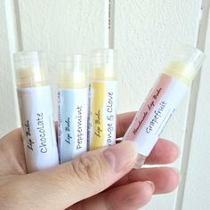 Hello and welcome to my store! :) I have for sale lip balms that were handmade by me. They have different flavours or tastes depending on whether an aroma oil or essential oil was used.  Aroma / essential oil used: Chocolate lip balm: chocolate aroma oil that gives the taste Grapefruit lip balm: grapefruit essential oil  Orange+clove lip balm: orange+clove essential oil  Peppermint lip balm: peppermint essential oil Other ingredients: Cocoa butter, shea butter, beeswax, coconut oil, sunflower oi Chocolate Lip Balm, Himalaya Lip Balm, Grapefruit Lip Balm, Fruit Lip Balm, Handmade Lip Balm, Peppermint Lip Balm, Aroma Essential Oil, Clove Essential Oil, Orange Clove