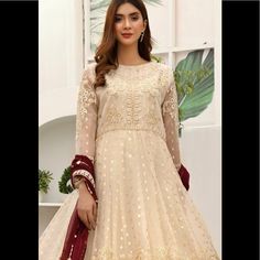 Pakistani Chiffon Embroidered Designer Dress Nimbus 41/42 Elegant Embroidered Dress With Sheer Dupatta For Wedding, Elegant Embroidered Wedding Dress With Sheer Dupatta, Cream Dress With Resham Embroidery For Reception, Long Sleeve Dress With Sheer Dupatta For Reception, Elegant Cream Dress With Sheer Dupatta, Festive Cream Embroidered Dress, Elegant Organza Dress With Resham Embroidery, Organza Maxi Dress With Intricate Embroidery, Eid Dresses With Resham Embroidery And Lace