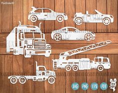 paper cut out of different types of trucks and cars on a wooden background with text