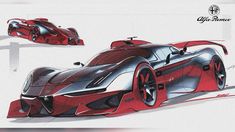 an artistic rendering of a futuristic car in red and black colors, with the top section showing