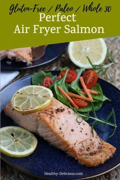 salmon and vegetables on a blue plate with text overlay