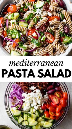 pasta salad with tomatoes, cucumbers and other vegetables in a bowl on the side