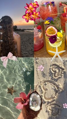 there are four different pictures with flowers and drinks on the beach, one has a starfish in it