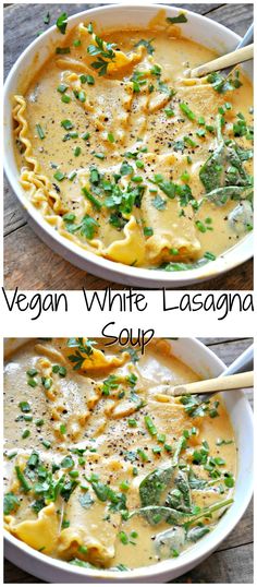 two pictures of lasagna soup with spinach and cheese