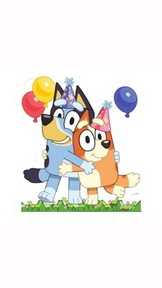 two cartoon dogs hugging each other with party hats and balloons in the air behind them