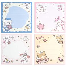 four stationery papers with hello kitty and other cartoon characters on them, all in pastel colors