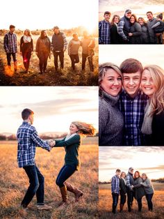 a collage of people standing in a field with one person holding the other's hand