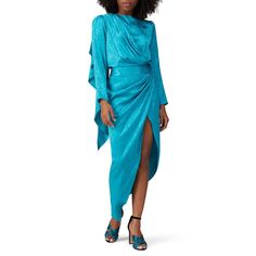 Blue silk jacquard (60% Silk, 35% Viscose, 5% Spandex). Hourglass. Long sleeves. Boat neckline. Center back skirt zipper with hook-and eye closure. 48" from shoulder to hemline. Imported. Jade Dress, Blue Jade, Ronny Kobo, Blue Dress Casual, Pleated Bodice, Rent The Runway, Boat Neckline, Blue Midi Dress, Dress First