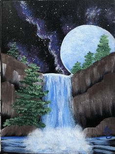 a painting of a waterfall with trees in the foreground and a full moon above it