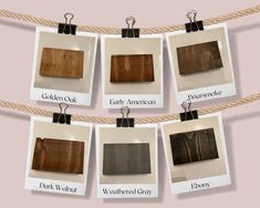 five different shades of wood hanging on a rope with labels attached to them that read, golden oak, black walnut, quartered gray