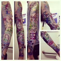 a man with many tattoos on his arm and leg, all in different pictures are shown