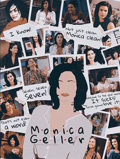 a collage of photos with the words monica geliler on them and pictures of women