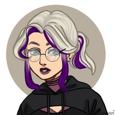 a drawing of a woman with purple hair and glasses wearing a black hoodie in front of a white background