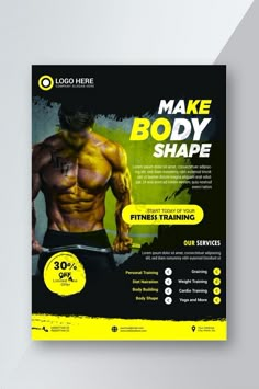 a flyer for a bodybuilding gym with an image of a man's torso