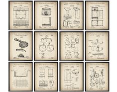 nine drawings of various types of furniture and accessories in black frames on an old paper background