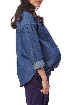 Breezy and lightweight chambray skims your growing bump in a timeless top that buttons at the front and is finished with easy-to-roll sleeves. Style Name:Stowaway Collection Chambray Maternity Top. Style Number: 6741814. Relaxed Denim Top With Snap Buttons, Relaxed Fit Denim Top With Snap Buttons, Casual Denim Tops For Layering, Denim Blue Tops For Layering, Denim Tops For Layering, Dark Wash Chambray Denim Top For Work, Relaxed Fit Washed Blue Cotton Denim Top, Everyday Chambray Tops, Dark Wash Chambray Tops For Everyday