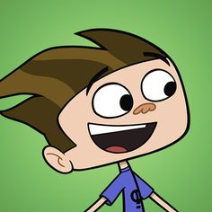 a cartoon boy with his eyes wide open and one hand on his hip, standing in front of a green background