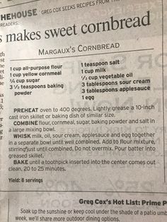 a newspaper article with instructions for how to make sweet cornbread