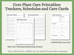 three plant care cards with the text core plant care printables trackerrs, schedules and care cards