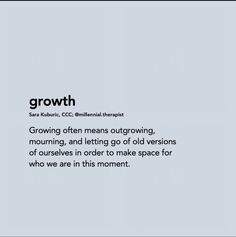 an advertisement with the words growth in black and white on a light blue background that reads, growing often means outgrowing