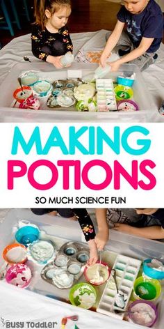 two children are making pots on a table with the words, making pots so much science fun