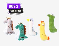 three different stuffed animals with the words buy 2 get 1 free