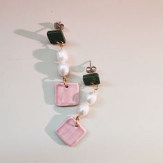 Kelly green and pink ceramic squares paired with real pearls. A 2006 fever dream. approx. 2" stainless steel posts Every piece of jewelry is hand formed and hand assembled by me. Due the unique nature of the product you may not get the pictured earrings. Handmade Green Pearl Earrings For Gift, Handmade Square Green Jewelry, Square Green Handmade Earrings, Pink Square Jewelry Gift, Handmade Square Pink Jewelry, Handmade Green Square Earrings, Handmade Pink Square Jewelry, Pink Square Jewelry For Gifts, Handmade Square Green Earrings