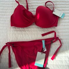 Red Bikini With Hardware Elegant Red Swimwear For Pool, Red Padded Swimwear For Beach, Fitted Red Swimwear With Padded Cups, Holiday Bikinis, Underwire Swimsuit, Bathing Suit Bottoms, Swim Sets, Tankini Swim Tops, Swim Tankini