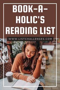 a woman sitting at a table with a book and coffee in front of her reading list