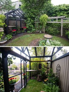 the inside and outside of a small backyard with lots of greenery in it, including plants