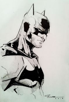 a black and white drawing of the batman in his costume, looking like he is ready to