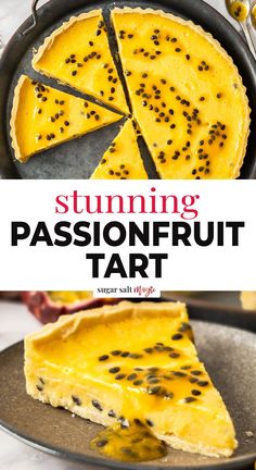 a close up of a slice of passion fruit tart on a plate