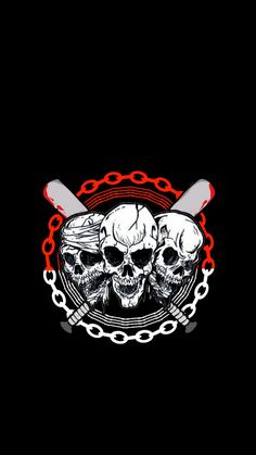 two skulls with chains and baseball bats in the middle on a black background by corbi