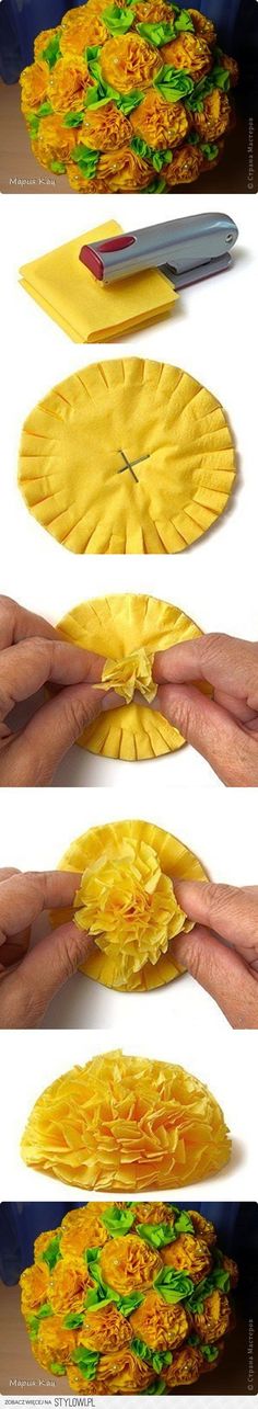 the process of making paper flowers is shown in three different stages, including being cut and placed