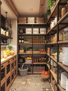 a pantry filled with lots of food and containers on shelves next to a counter top