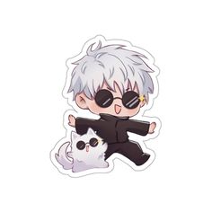 an anime character holding onto a white cat with black glasses on it's face