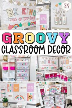 Pictures showing bright classroom decorations with rainbows, smiley faces and other groovy elements Cool Classroom Decor, Groovy Clipart, Bright Classroom Decor, Varsity Patches, Bright Classroom, Patch Letters, Classroom Goals