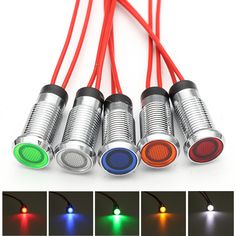 four different types of lights are shown in the image, one is red and one is green